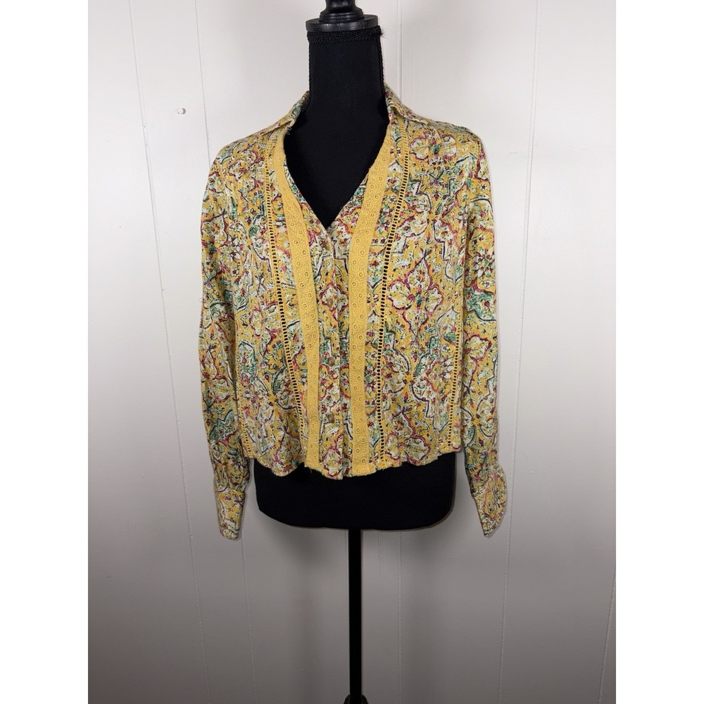 Pilcro x Anthropologie Pintuck Peasant Lace Floral Top Woman Size XXs